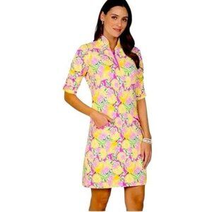 IBKUL Ruched Elbow Length Shift Dress Calista Hot Pink Golf Athletic Size S NEW